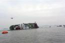 A South Korean passenger ship that has been sinking is seen at the sea off Jindo