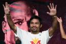 Manny Pacquiao arrives at a fan rally at the Mandalay Bay Convention Center on April 28, 2015 in Las Vegas, Nevada