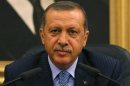 Turkey's Prime Minister Tayyip Erdogan addresses the media before he leaves for Turkmenistan at Esenboga Airport in Ankara
