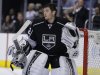 Los Angeles Kings goalie Jonathan Quick stands near the net toward the close of the third period in Game 1 of their second-round NHL hockey Stanley Cup playoff series against the San Jose Sharks in Los Angeles, Tuesday, May 14, 2013. (AP Photo/Chris Carlson)