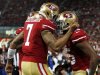 San Francisco 49ers' Kaepernick congratulates Crabtree after Crabtree scored a touchdown during their NFL football game against the Chicago Bears in San Francisco
