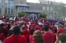 Hundreds of parents and teachers of the cash-strapped Philadelphia school district protest in front of the school district's headquarters in Philadelphia