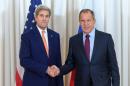 US Secretary of State John Kerry (L) shakes hands with Russian Foreign Minister Sergei Lavrov, on August 26, 2016, as they met in Geneva for an expected push towards resuming peace talks for war-ravaged Syria