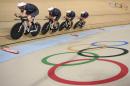 (From L) Britain's Edward Clancy, Steven Burke, Owain Doull and Bradley Wiggins compete in the men's team pursuit qualifying track cycling event on August 12, 2016
