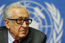 Arab League-United Nations envoy Brahimi pauses during a news conference on the situation in Syria at the UN in Geneva