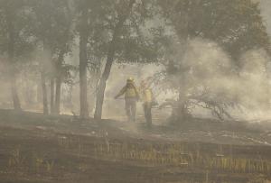 Firefighters walk below smoke off of Morgan Valley &hellip;