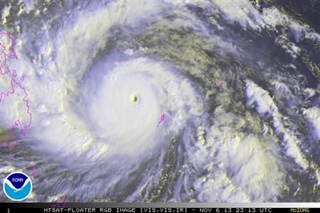 Typhoon Haiyan is pictured in this NOAA satellite handout image taken November 6, 2013 at 23:13 UTC. REUTERS/NOAA/Handout via Reuters