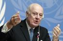 United Nations Special Envoy of the Secretary-General for Syria de Mistura speaks to media during a news conference at the Palais des Nations in Geneva