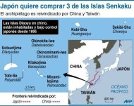 Infografía con la localización de las polémicas islas que ha comprado este lunes el Gobierno de Japón y que son reivindicadas a su vez por China, que ha anunciando que seguirá luchando por ellas. (AFP | Jmc)