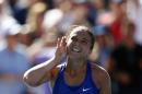 Sara Errani, of Italy, reacts after defeating Venus Williams, of the United States, during the third round of the 2014 U.S. Open tennis tournament, Friday, Aug. 29, 2014, in New York. (AP Photo/Matt Rourke)