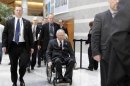 Germany's Finance Minister Wolfgang Schaeuble leaves after the International Monetary and Financial Committee (IMFC) meeting during the Spring Meeting of the IMF and World Bank in Washington
