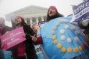 Margot Riphagen of New Orleans, La., wears a birth control pills costume as she protests in front of the Supreme Court in Washington, Tuesday, March 25, 2014, as the court heard oral arguments in the challenges of President Barack Obama's health care law requirement that businesses provide their female employees with health insurance that includes access to contraceptives. Supreme Court justices are weighing whether corporations have religious rights that exempt them from part of the new health care law that requires coverage of birth control for employees at no extra charge. (AP Photo/Charles Dharapak)