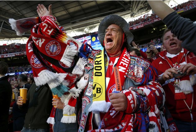 Bayern Munich fans sing anthems before the Champions League Final soccer match against Borussia Dortmund at Wembley Stadium in London