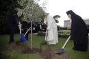 Pope Francis plants an olive tree with Israel's President Shimon Peres, left, Palestinian President Mahmoud Abbas, second from left, and Ecumenical Patriarch Bartholomew I, right, in a sign of peace during an evening of peace prayers in the Vatican gardens, Sunday, June 8, 2014. Pope Francis waded head-first into Mideast peace-making Sunday, welcoming the Israeli and Palestinian presidents to the Vatican for an evening of peace prayers just weeks after the last round of U.S.-sponsored negotiations collapsed. (AP Photo/Max Rossi, Pool)
