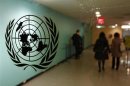 The United Nations logo is displayed on a door at U.N. headquarters in New York