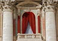 The red curtain on the central balcony, called the Loggia of the Blessings of Saint Peter's Basilica, where the new pope will appear after being elected in the conclave is seen at the Vatican March 12, 2013. Roman Catholic cardinals gather under the gaze of Michelangelo's "Last Judgment" on Tuesday to elect a new pope to tackle the daunting problems facing the 1.2-billion-member Church at one of the most difficult periods in its history. REUTERS/Eric Gaillard