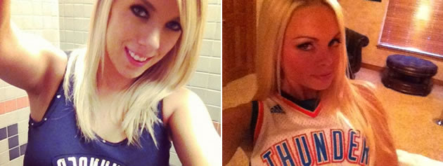 As estrelas pornôs Bibi Jones (e) e Jesse Jane (d) postaram fotos pelo Twitter dando apoio ao Oklahoma City Thunder, finalista da Conferência Oeste da NBA. Quem vence a disputa de musa do time? (Foto: