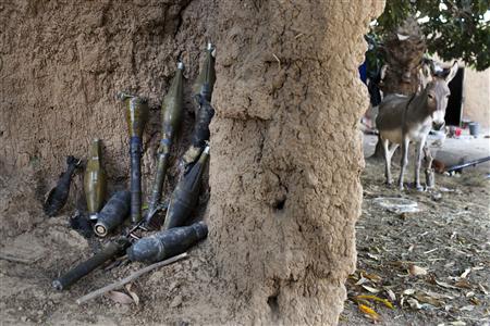 Rocket-propelled grenades believed to belong to Islamist rebels are stockpiled next to a donkey in a courtyard in Diabaly January 23, 2013. REUTERS/Joe Penney