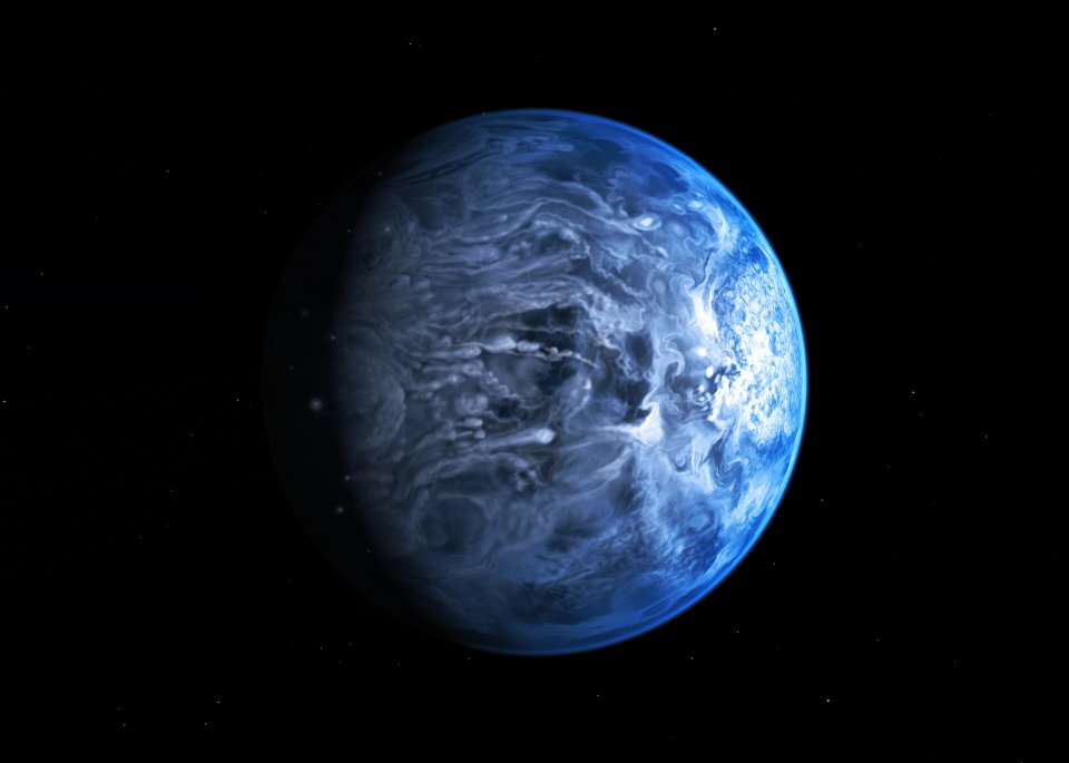 In this undated illustration provided by the European Space Agency (ESA), an artists impression of one of Earth's nearest planets outside the solar system named HD 189733B. Astronomers said Friday, July 12, 2013 that for the first time they had gained an understanding of HD 189733B, which is around 63 light years away by discovering the huge gas giant’s blue color. To ascertain the planet’s color the astronomers measured the amount of light reflected of its surface as it eclipsed its host star. (AP Photo/ESA-Hubble, M. Kornmesser)