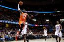 LeBron James of the Cleveland Cavaliers scores a second half dunk against the Oklahoma City Thunder on January 29, 2017 in Cleveland, Ohio