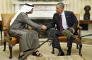 Obama shakes hands with Mohammed bin Zayed al-Nahayan in the Oval Office before their working lunch at the White House in Washington