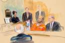 This courtroom artist rendering shows U.S. Magistrate Judge Deborah Robinson, left, presiding during Omar J. Gonzalez's , center, case in court in Washington, Wednesday, Oct. 1, 2014. Gonzalez, accused of jumping a fence at the White House pleaded not guilty Wednesday to charges that he ran into the presidential mansion while carrying a knife. (AP Photo/Dana Verkouteren)