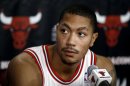 Bulls point guard Rose listens to questions from the press during media day for their upcoming NBA basketball season in Deerfield, Illinois