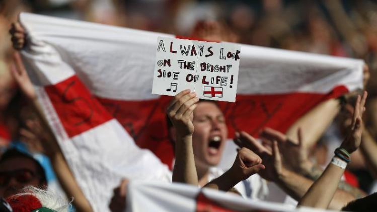 England fans holds up a banner after the group D World Cup soccer match between Costa Rica and England at the Mineirao Stadium in Belo Horizonte, Brazil, Tuesday, June 24, 2014