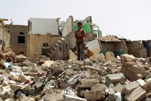 A Yemeni boy stands amidst the rubble of houses destroyed&nbsp;&hellip;