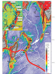 This map shows the thickness of the crust around the Mauritius and Reunion Island region. The circled numbers note how many millions of years ago the mantle plume there was beneath or near the Indian and African tectonic plates.