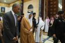 US President Barack Obama (L) speaks with King Salman bin Abdulaziz al-Saud of Saudi Arabia at Erga Palace in Riyadh, on April 20, 2016