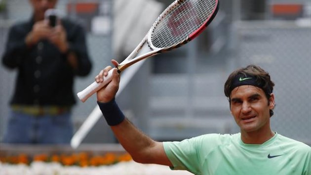 Roger Federer of Switzerland celebrates his victory over Radek Stepanek of Czech Republic at the Madrid Masters