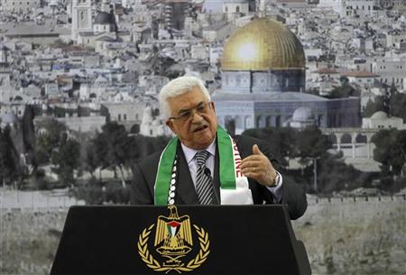 Palestinian President Mahmoud Abbas speaks during a ceremony marking the eighth anniversary of the death of late Palestinian leader Yasser Arafat in the West Bank city of Ramallah