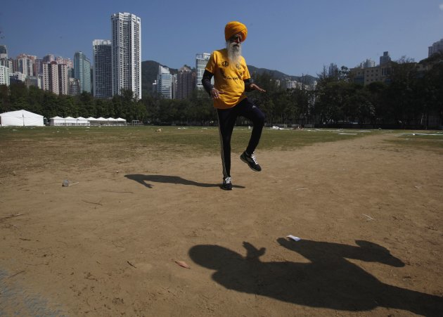 British Indian marathon runner Singh exercises at a park in Hong Kong