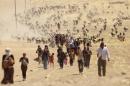 Displaced people from minority Yazidi sect, fleeing violence from forces loyal to ISIL in Sinjar town, walk toward the Syrian border, on outskirts of Mount Sinjar.