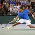 Tsonga of France returns the ball to Weintraub of Israel during their first round Davis Cup tennis match in Rouen