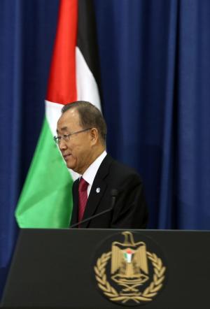 UN Secretary-General Ban Ki-Moon walk in front of a &hellip;