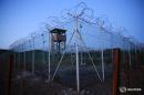 Chain link fence and concertina wire surrounds a deserted guard tower within Joint Task Force Guantanamo's Camp Delta