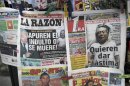 In this Oct. 14, 2012 photo, the front page of a newspaper shows a photograph of Peru's former President Alberto Fujimori laying in a bed as he serves jail time that reads in Spanish "They want you to feel sorry for him" in Lima, Peru. A campaign is in full swing to win a pardon for Fujimori from the 25-year prison sentence he is serving for death squad killings and corruption during his 1990-2000 rule. (AP Photo/Rodrigo Abd)