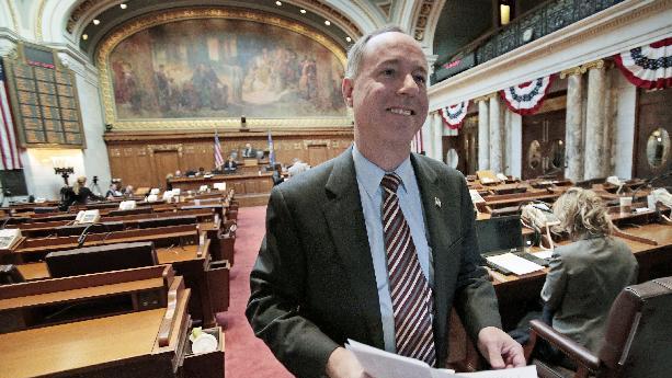 Wisconsin Assembly Speaker Robin Vos, R-Rochester, walks off the floor after passage of Right to Work legislation in the Assembly at the State Capitol in Madison, Wis., Friday, March 6, 2015.  The bill passed Friday on a 62-35 vote, with all Republicans in support and all Democrats against. The Senate passed it last week. (AP Photo/Wisconsin State Journal, Michael P. King)