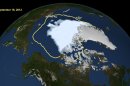 FILE - This Sept. 16, 2012, image released by NASA shows the amount of summer sea ice in the Arctic, at center in white, and the 1979 to 2000 average extent for the day shown, with the yellow line. Scientists say sea ice in the Arctic shrank to an all-time low of 1.32 million square miles on Sept. 16, smashing old records for the critical climate indicator. Yet there are two people who aren't talking about it, and they both happen to be running for president. (AP Photo/U.S. National Snow and Ice Data Center, File)