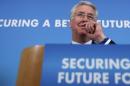 Britain's Defense Minsiter Michael Fallon of the ruling Conservative Party makes a speech in London