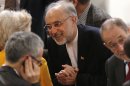 Iranian Foreign Minister Ali Akbar Salehi, center, arrives for the Security Conference in Munich, Germany, on Sunday, Feb. 3, 2013. The 49th Munich Security Conference started Friday afternoon until Sunday attended by experts from 90 delegations. (AP Photo/Matthias Schrader)