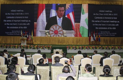 Cambodia's Prime Minister Hun Sen addresses the audience during the opening ceremony of the 45th AMM at the office of Council of Ministers in Phnom Penh