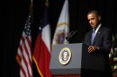 President Barack Obama speaks at the memorial for firefighters killed at the fertilizer plant explosion in West, Texas, at Baylor University in Waco, Texas, Thursday, April 25, 2013. (AP Photo/Charles Dharapak)