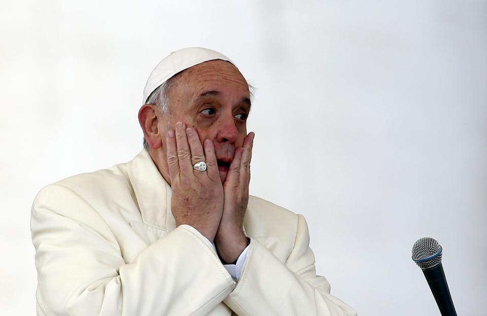 Pope Francis reacts as he leads a Wednesday general audience in Saint Peter&#39;s square at the Vatican
