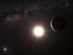 This artist’s impression made available by the European Southern Observatory on Tuesday, Oct. 16, 2012 shows a planet, right, orbiting the star Alpha Centauri B, center, a member of the triple star system that is the closest to Earth. Alpha Centauri A is at left. The Earth's Sun is visible at upper right. Searching across the galaxy for interesting alien worlds, scientists made a surprising discovery: a planet remarkably similar to Earth in a solar system right next door. Other Earth-like planets have been found before, but this one is far closer than previous discoveries. Unfortunately, the planet is way too hot for life, and it’s still 25 trillion miles away. (AP Photo/ESO, L. Calcada)