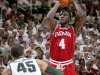 Indiana's Victor Oladipo (4) shoots against Michigan State's Denzel Valentine during the first half of an NCAA college basketball game, Tuesday, Feb. 19, 2013, in East Lansing, Mich. (AP Photo/Al Goldis)
