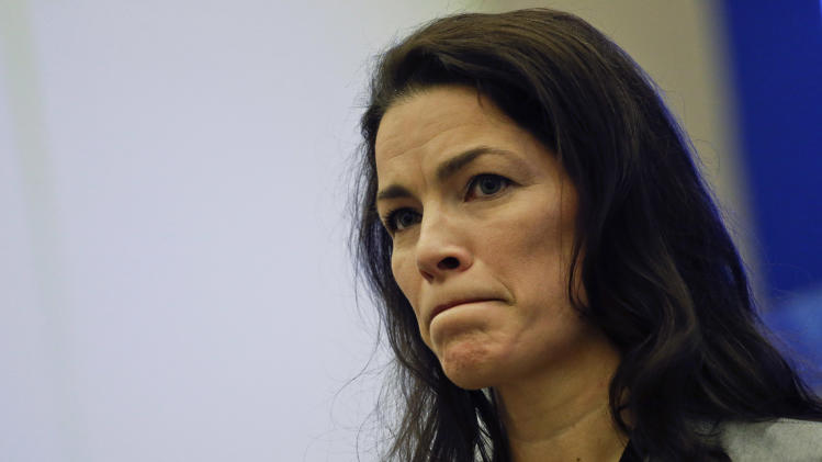 Former Olympic figure skater Nancy Kerrigan speaks after a screening of a new documentary about the 1994 attack on her which will air the day of the 2014 Winter Olympics closing ceremony, Friday, Feb. 21, 2014, in Sochi, Russia. Kerrigan has been reluctant to talk about rival Tonya Harding’s ex-husband hiring a hit squad to take her out before the 1994 Olympics in Lillehammer. She finally relented for a show that marks the 20-year anniversary of the incident, which thrust figure skating into the spotlight and spawned an international media frenzy. (AP Photo/David Goldman)
