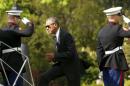U.S. President Barack Obama boards Marine One as he departs Winfield House in London